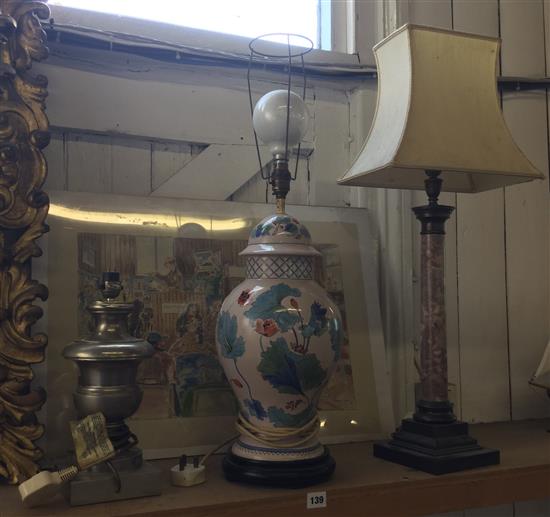 Bronze and marble table lamp and two other lamps